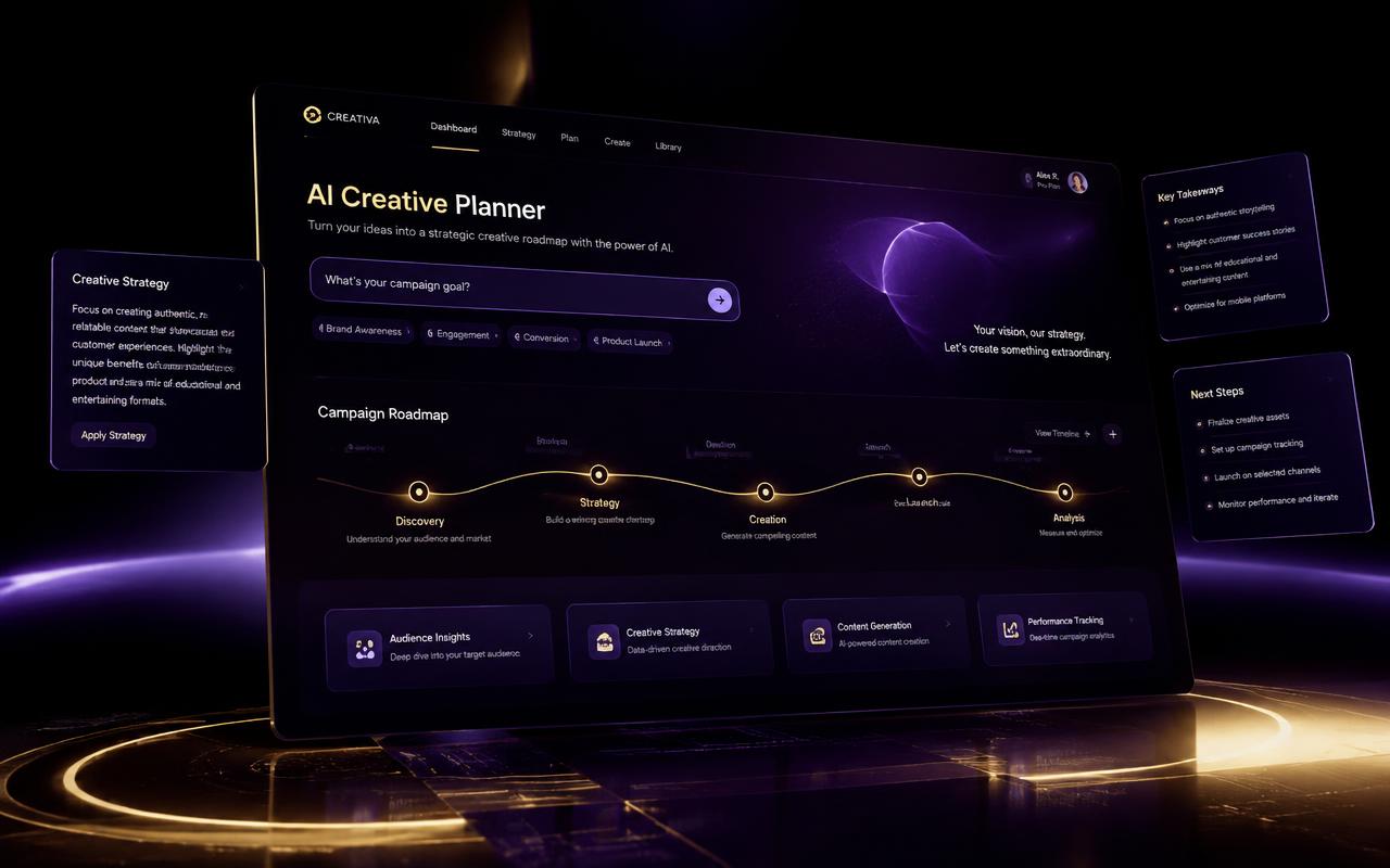 Premium AI creative planner dashboard with violet interface cards and gold route lines